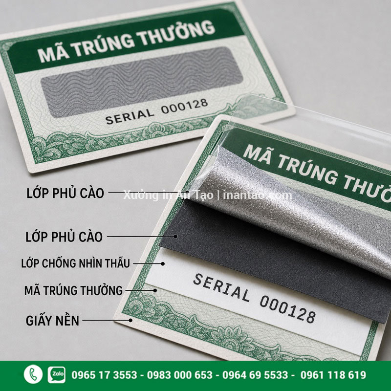 Các lớp của thẻ cào trúng thưởng Cấu tạo thẻ cào phủ bạc chống nhìn thấu