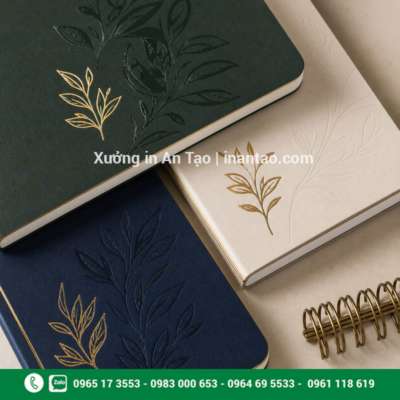 Chất liệu và kỹ thuật gia công bìa sổ tay cao cấp Bìa sổ tay ép nhũ, dập nổi và phủ UV định hình trên nhiều chất liệu
