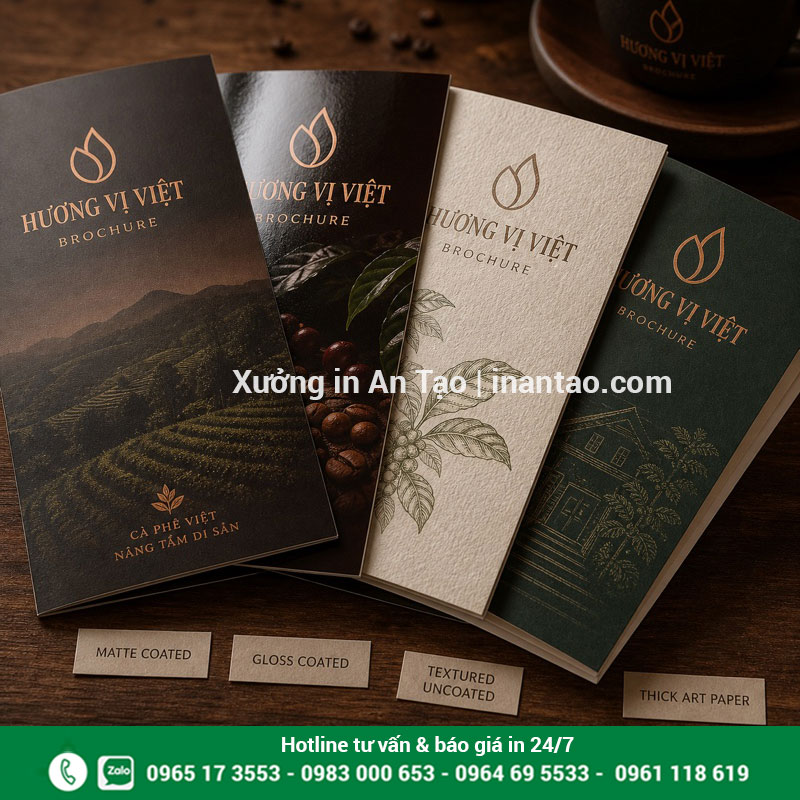 Chọn chất liệu giấy phù hợp khi in ấn brochure Mẫu chất liệu giấy in brochure phủ mờ, phủ bóng và giấy mỹ thuật