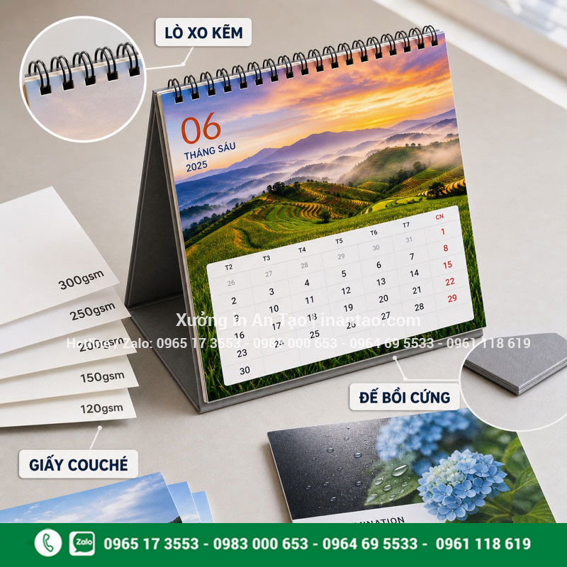 Chất liệu in lịch để bàn phổ biến Giấy Couché đế bồi cứng và lò xo dùng in lịch để bàn