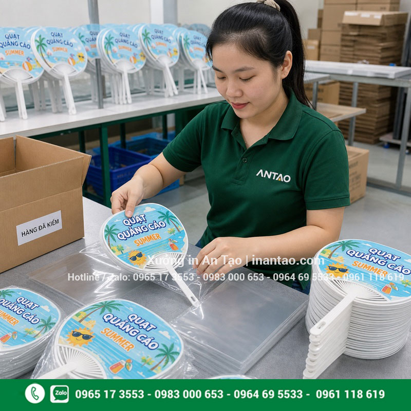 Đóng gói quạt nhựa quảng cáo tại xưởng An Tạo Nhân viên Việt Nam đóng gói quạt nhựa quảng cáo hoàn thiện