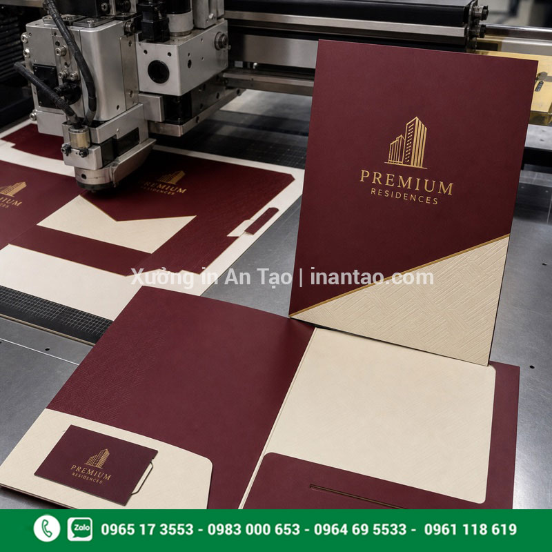 Gia công folder cán màng ép kim dập nổi Gia công in bìa kẹp hồ sơ ép kim và bế khuôn