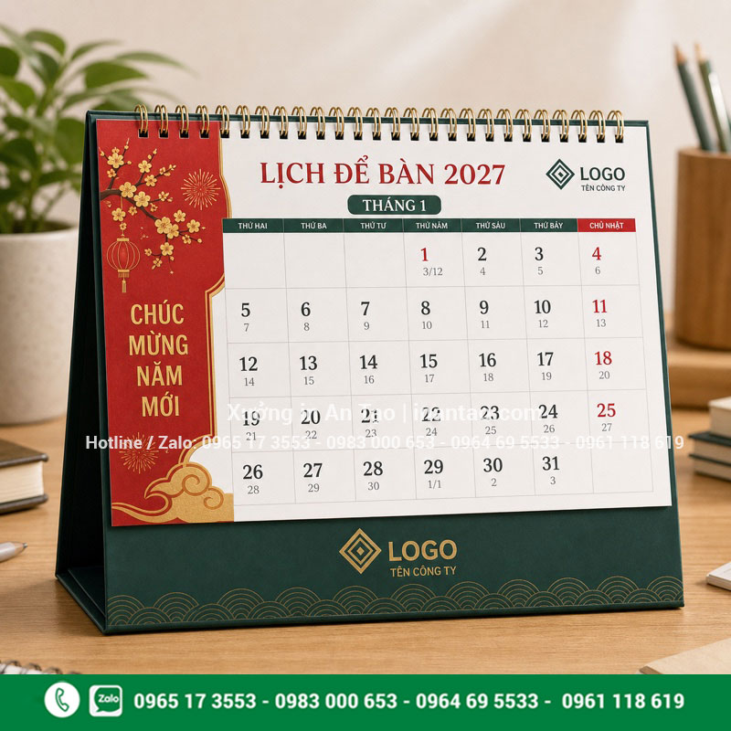 In lịch để bàn 2027 theo yêu cầu tại indecaltemnhan.com Mẫu in lịch để bàn 2027 hoàn chỉnh với đế xanh và lò xo
