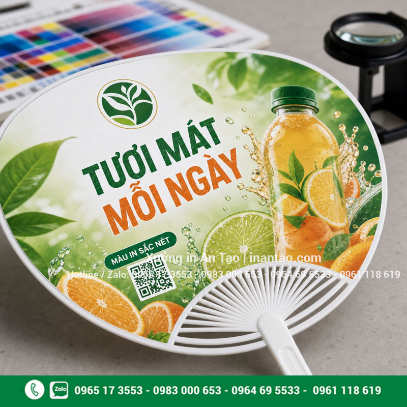 Chất lượng in logo lên quạt Cận cảnh in logo lên quạt sắc nét bằng hệ màu CMYK