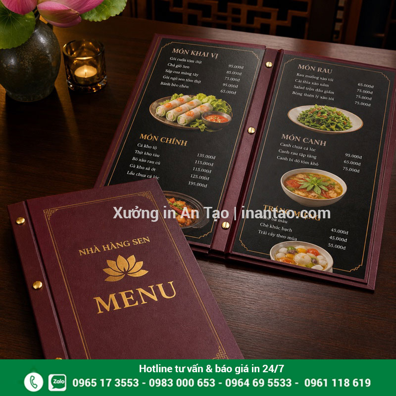 In menu bìa cứng đẹp và bền tại TP.HCM Mẫu in menu bìa cứng đóng ốc chắc chắn
