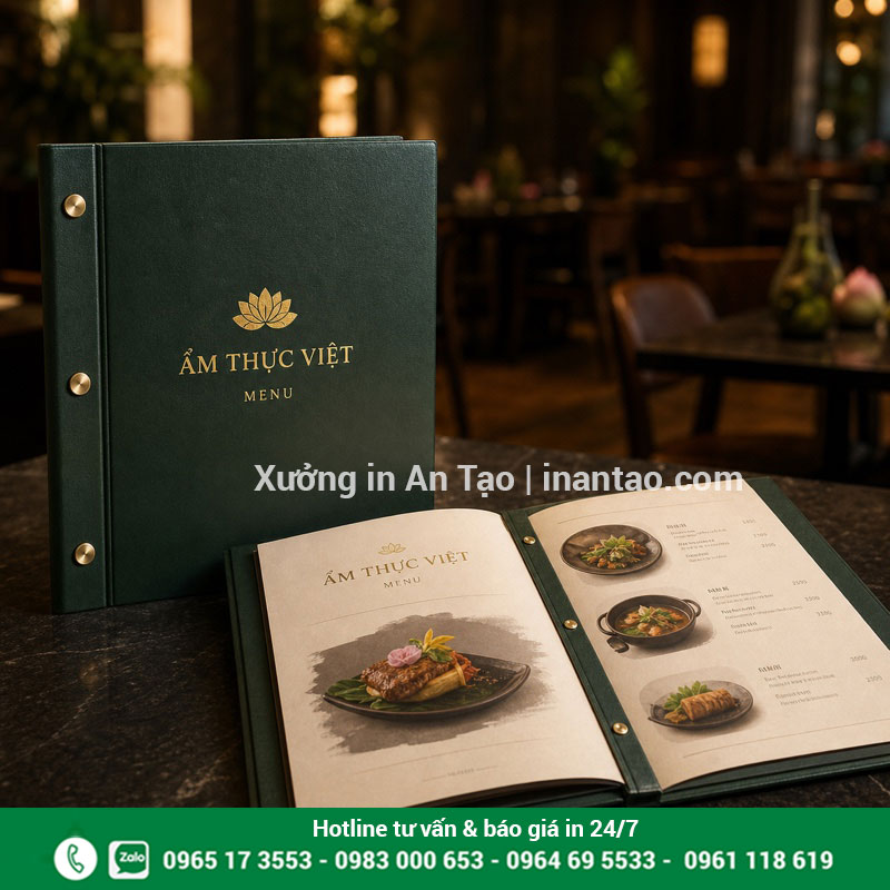 In menu cao cấp hoàn thiện tinh tế Mẫu in menu cao cấp bìa da cho nhà hàng