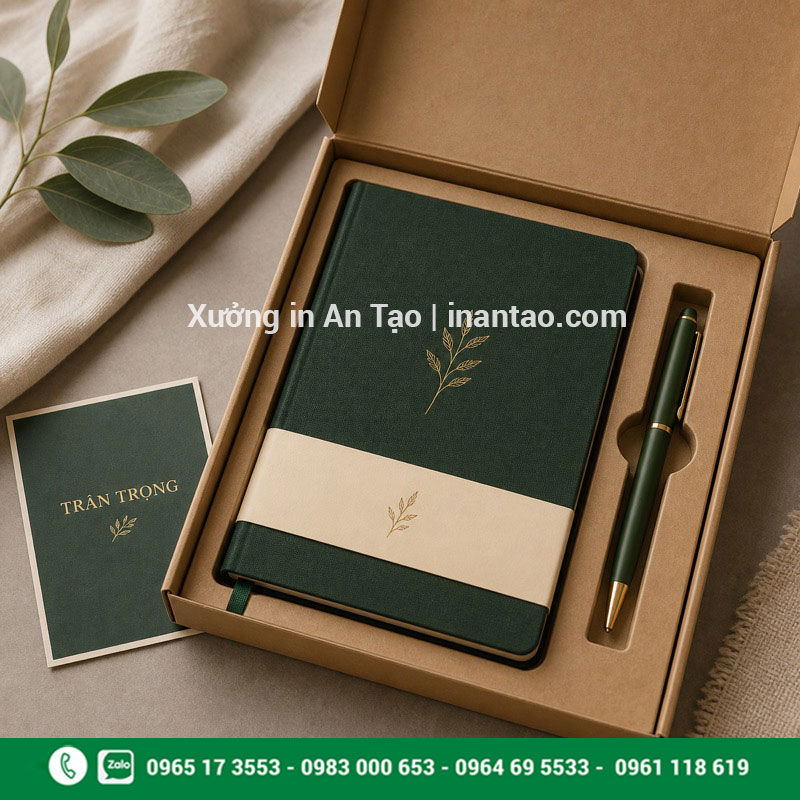 Bộ sổ tay quà tặng doanh nghiệp thiết kế đồng bộ Bộ in sổ tay quà tặng doanh nghiệp gồm sổ bìa cứng, bút và hộp
