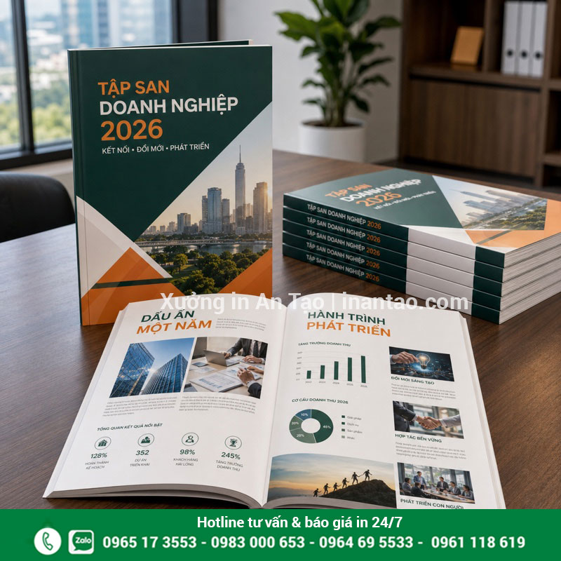 In tập san doanh nghiệp thiết kế theo yêu cầu Mẫu in tập san doanh nghiệp năm 2026 với bìa và trang báo cáo