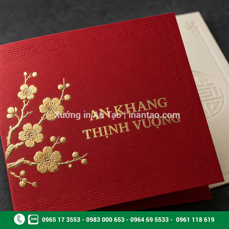 In thiệp chúc mừng năm mới ép kim cao cấp In thiệp chúc mừng năm mới ép kim và dập nổi