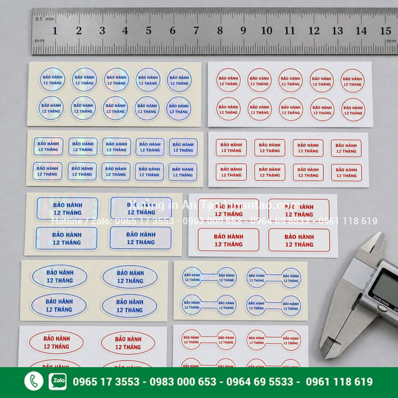 Mẫu tem bảo hành tròn chữ nhật và elip Mẫu in tem bảo hành theo yêu cầu nhiều hình dáng