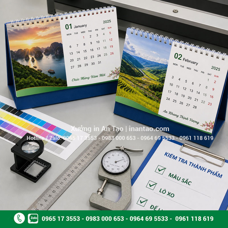 Kiểm soát chất lượng lịch để bàn trước khi giao Kiểm tra màu sắc lò xo và đế lịch để bàn thành phẩm