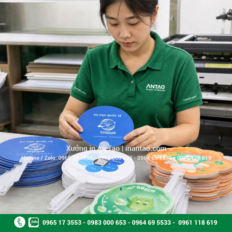 Kiểm tra quạt giấy in logo sau gia công Nhân viên kiểm tra quạt giấy sau khi in tại xưởng
