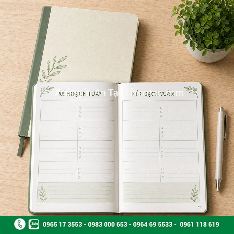 Mẫu ruột sổ tay thiết kế riêng cho công việc Ruột sổ tay thiết kế riêng với trang kế hoạch tuần và khu vực ghi chú