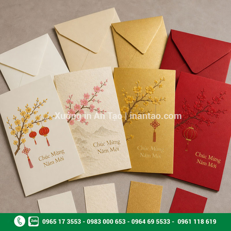 Thiệp chúc Tết đẹp với giấy và bao thư đồng bộ Thiệp chúc Tết đẹp in trên nhiều loại giấy mỹ thuật
