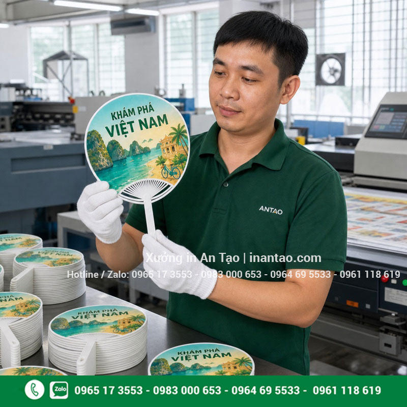 Xưởng sản xuất quạt nhựa của An Tạo Xưởng sản xuất quạt nhựa với nhân viên Việt Nam kiểm tra quạt hoàn thiện