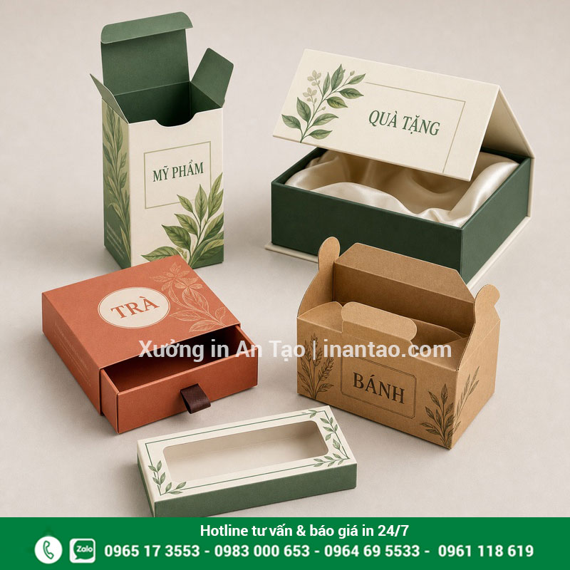 Các kiểu in hộp giấy theo yêu cầu phổ biến Các kiểu hộp giấy nắp gài, ngăn kéo, âm dương và cửa sổ