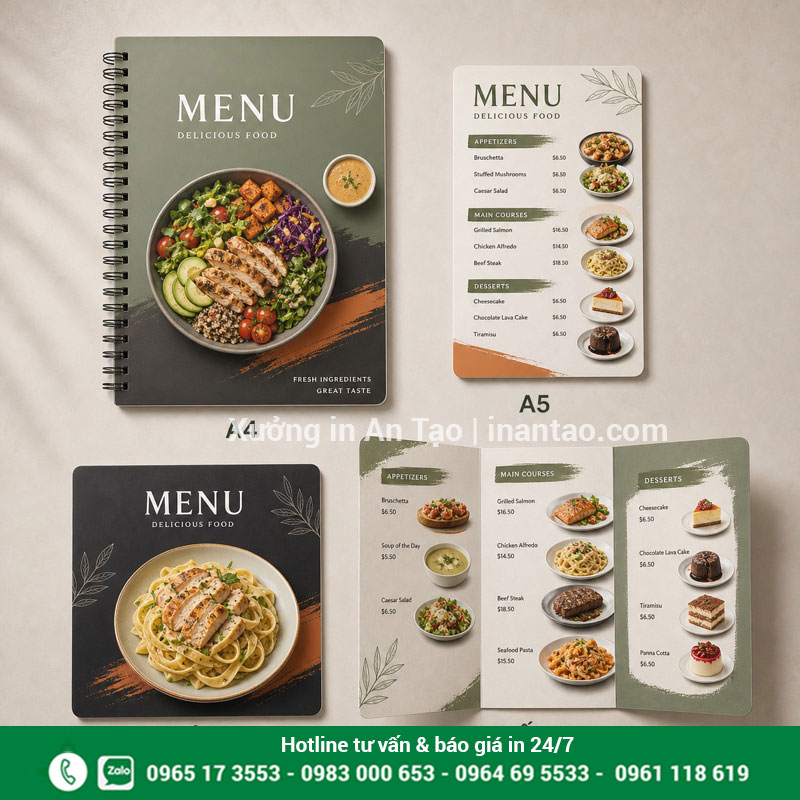 Các kiểu in menu nhựa PVC phổ biến Các kiểu menu nhựa PVC A4 A5 dạng cuốn và tờ rời