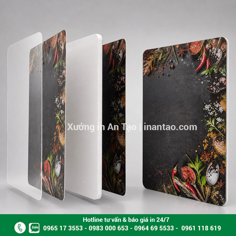 Các lớp cấu tạo của menu bồi formex Cấu tạo menu bồi formex gồm màng cán, lớp in và lõi Formex