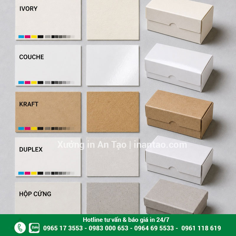 Chất liệu in hộp giấy và bề mặt hoàn thiện So sánh giấy Ivory, Couche, kraft, Duplex và carton làm hộp