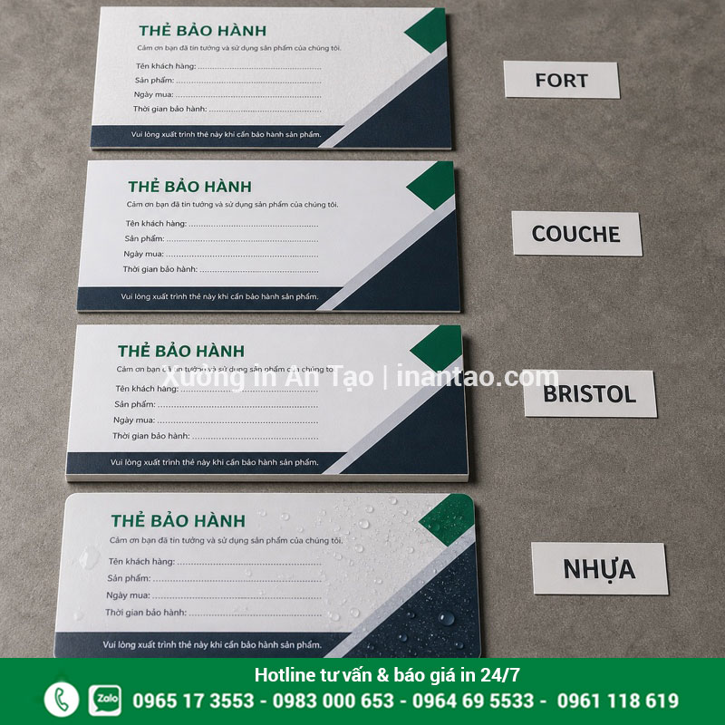Chất liệu in thẻ bảo hành phổ biến So sánh giấy Fort Couche Bristol và nhựa làm thẻ bảo hành