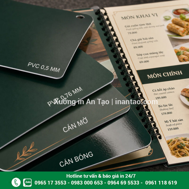 Chọn độ dày và cán màng cho menu nhựa PVC So sánh độ dày và gia công menu nhựa PVC