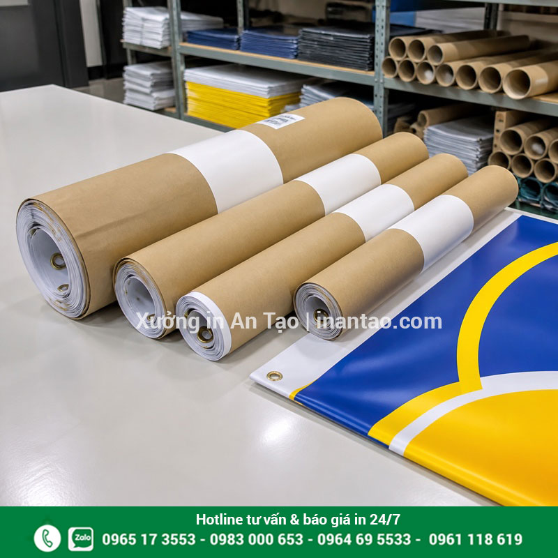 Đóng gói banner thành phẩm tại xưởng Banner thành phẩm được cuộn và đóng gói trước khi giao