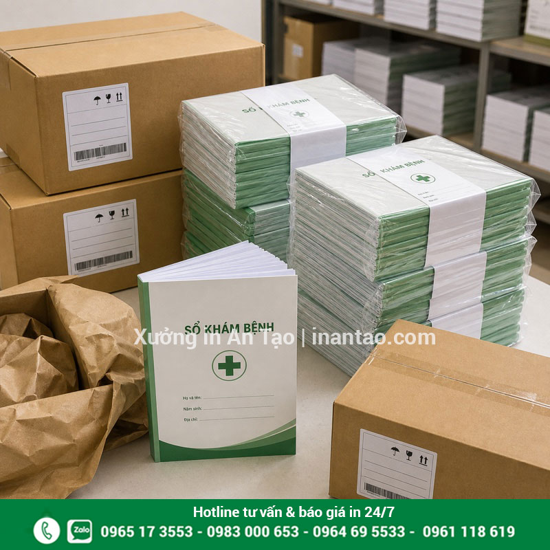 In sổ khám bệnh HCM và đóng gói theo từng bó Đóng gói đơn in sổ khám bệnh HCM sẵn sàng giao