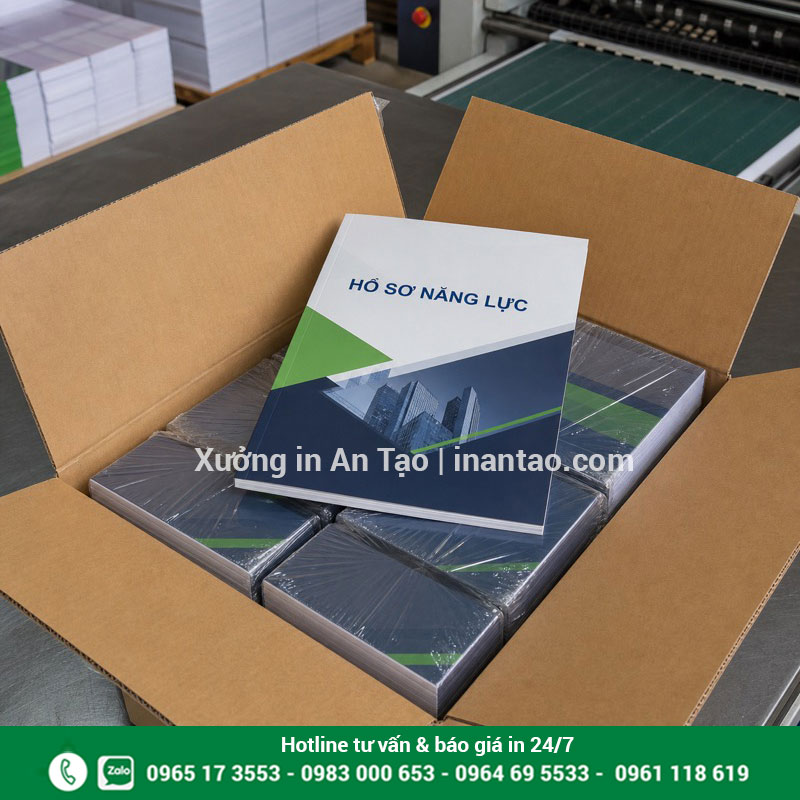 Đóng gói in hồ sơ năng lực công ty thành phẩm Đóng gói cuốn hồ sơ năng lực sau khi in hoàn thiện