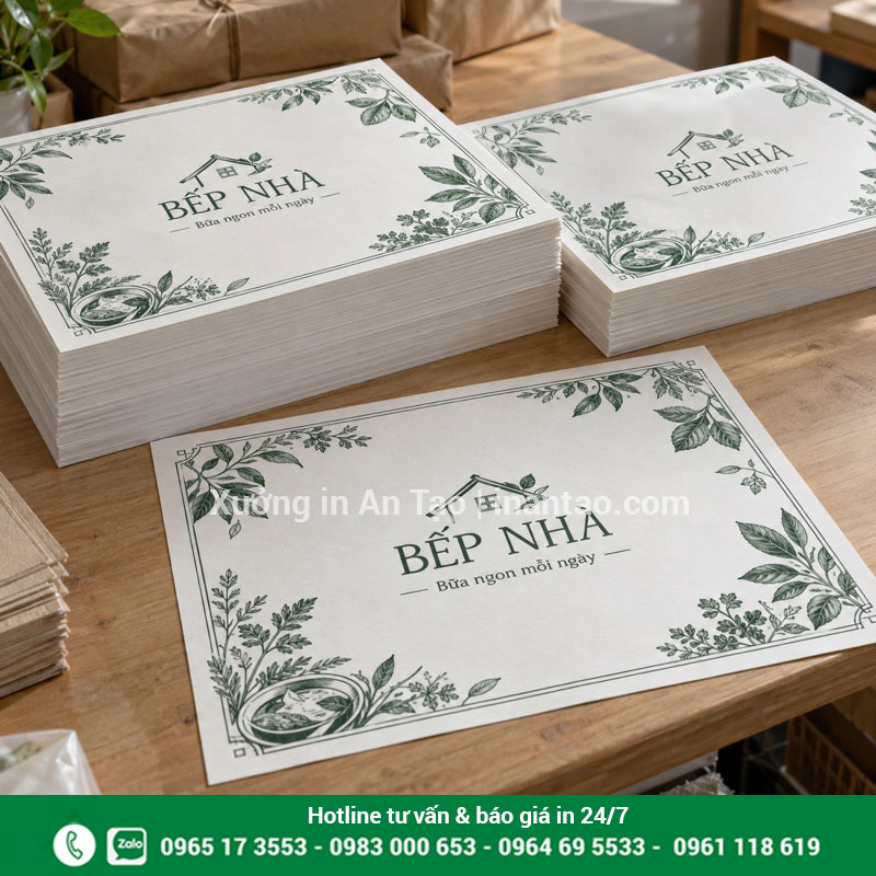 Thành phẩm giấy lót bàn in theo mẫu Các chồng giấy lót bàn in họa tiết xanh được xén gọn và xếp trên bàn đóng gói