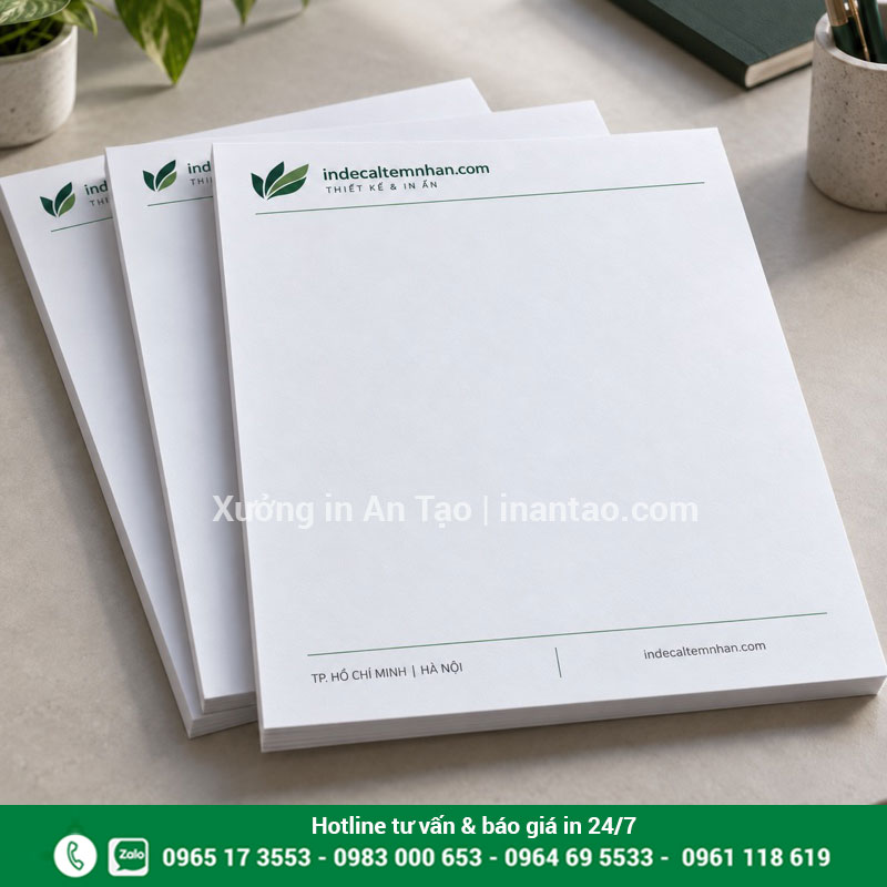 Bề mặt giấy và thành phẩm tiêu đề thư Các xấp giấy tiêu đề bề mặt mờ, in đầu thư màu xanh và xén cạnh gọn