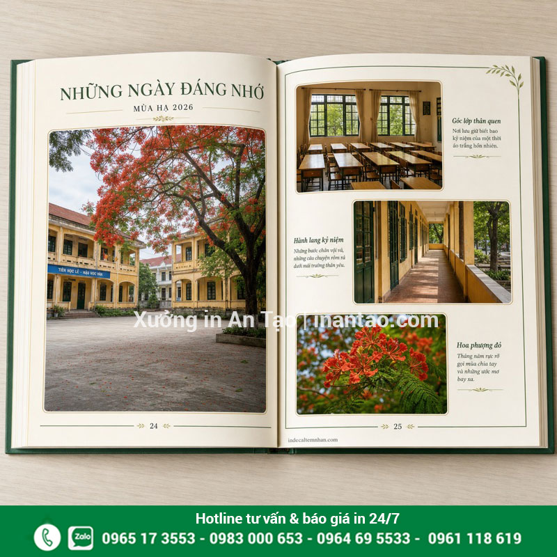 In ảnh kỷ yếu với bố cục rõ và màu sắc hài hòa Trang ruột kỷ yếu với ảnh sân trường và hoa phượng được dàn trang