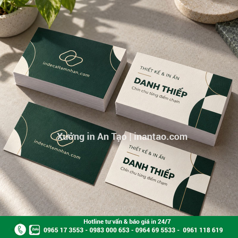 Mẫu danh thiếp hai mặt theo yêu cầu Mẫu danh thiếp hai mặt màu xanh lá và trắng ngà với thiết kế của indecaltemnhan.com