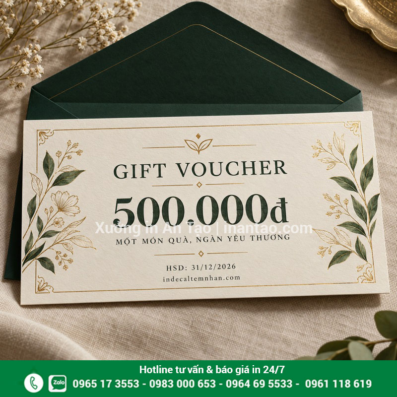 Gift voucher giấy mỹ thuật và phong bì đồng bộ Gift voucher mệnh giá 500.000 đồng đặt cùng phong bì xanh