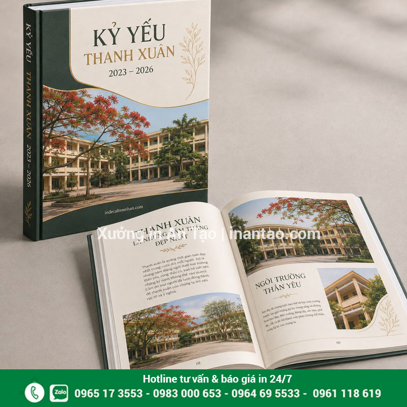 In kỷ yếu đẹp theo yêu cầu tại indecaltemnhan.com Mẫu cuốn kỷ yếu bìa xanh và trang ruột thiết kế đồng bộ