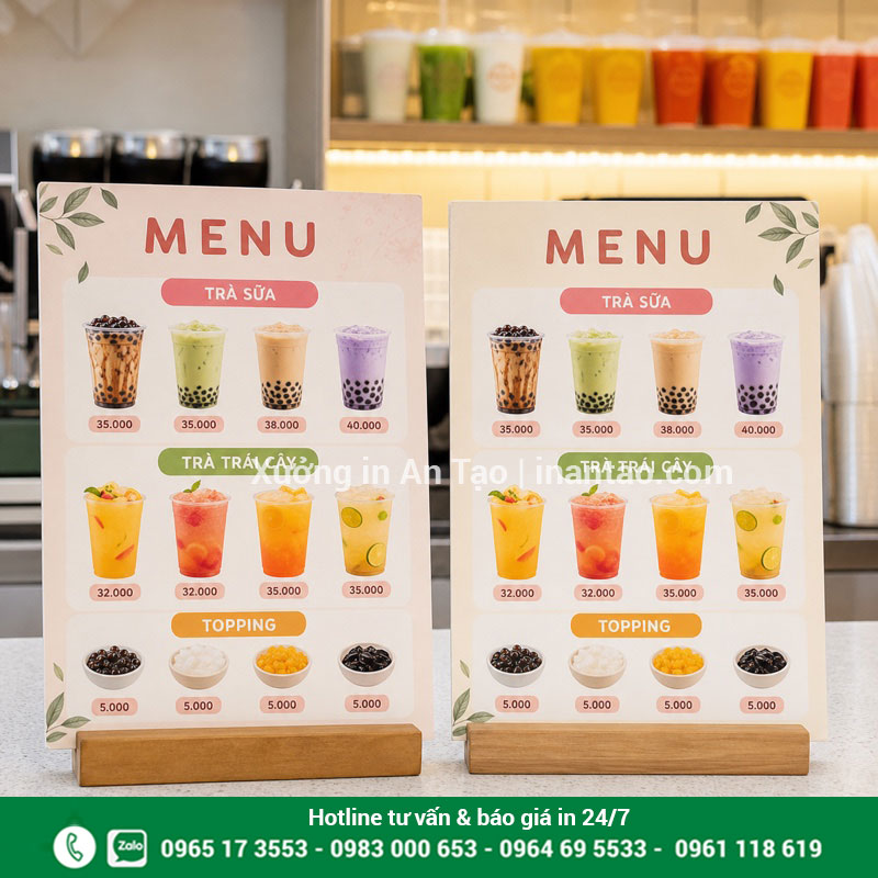 Mẫu in menu formex cho quán trà sữa In menu formex cho quán trà sữa với bố cục món và giá dễ đọc