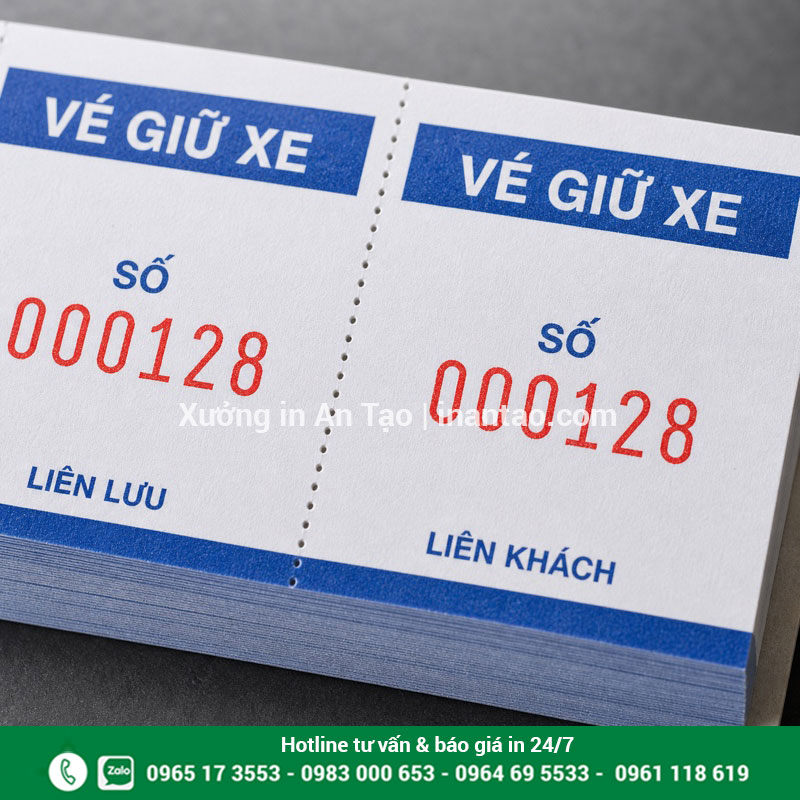 Số nhảy và rãnh xé trên phiếu giữ xe Chi tiết in phiếu giữ xe có số nhảy trùng khớp giữa hai liên