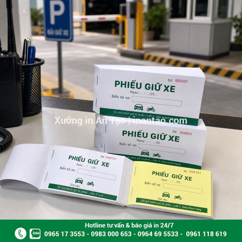 In phiếu giữ xe theo yêu cầu tại HCM Cuốn in phiếu giữ xe có số nhảy và liên lưu