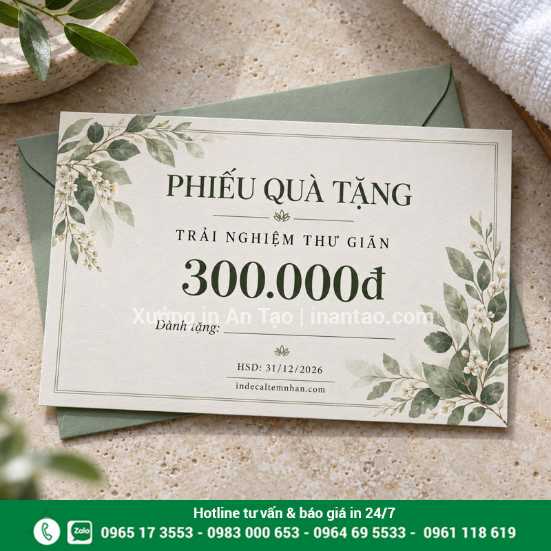 Phiếu quà tặng spa thiết kế thanh lịch Phiếu quà tặng spa 300.000 đồng với họa tiết lá và phong bì