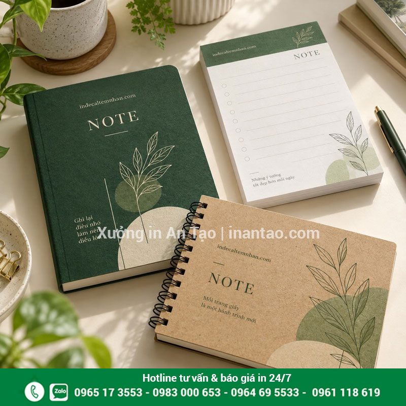Mẫu in sổ note theo nhận diện thương hiệu Bộ sổ note và tập giấy ghi chú thiết kế màu xanh, in nhận diện indecaltemnhan.com