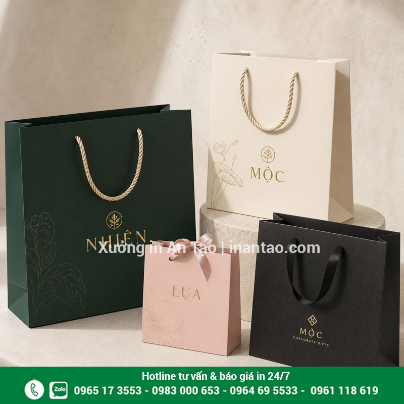 Túi giấy Couche Ivory cao cấp hoàn thiện đẹp Mẫu in túi giấy Couche và Ivory cán mờ ép kim