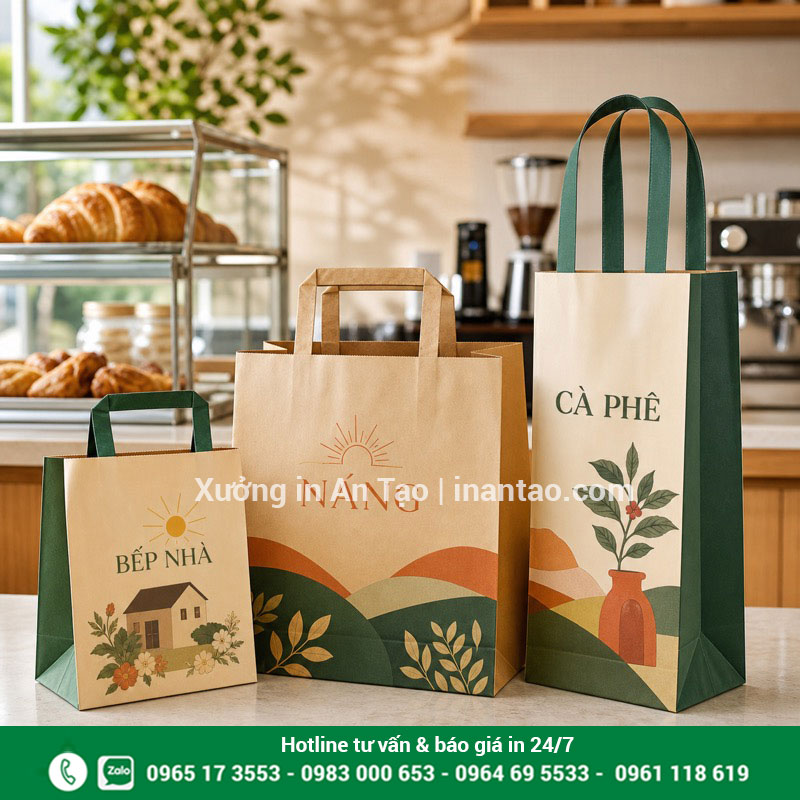 Mẫu túi giấy F&B in thương hiệu hoàn chỉnh In túi giấy cho quán cà phê bánh và đồ ăn mang đi
