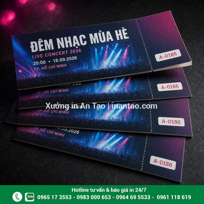 In vé ca nhạc sắc nét có cuống kiểm soát Mẫu in vé ca nhạc có cuống xé và số ghế trên nền xanh tím