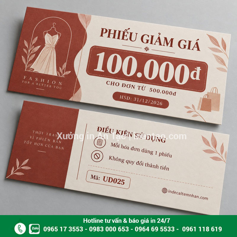 Thiết kế voucher giảm giá hai mặt Hai mặt phiếu giảm giá 100.000 đồng cho đơn từ 500.000 đồng