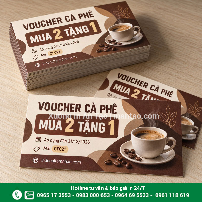 Voucher số lượng ít cho chương trình cà phê Xấp voucher cà phê mua 2 tặng 1 với thiết kế nâu kem