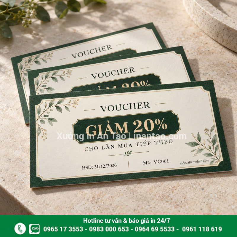 Mẫu in voucher theo yêu cầu tại indecaltemnhan.com Mẫu voucher xanh lá và trắng kem với ưu đãi giảm 20%