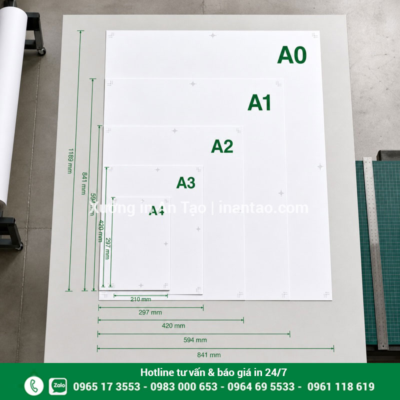 Kích thước in poster từ A4 đến A0 So sánh kích thước in poster A4 A3 A2 A1 A0 theo tỷ lệ thực tế