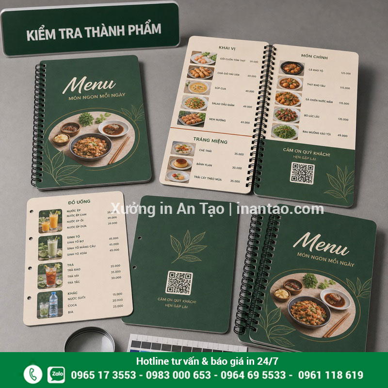 Kiểm tra chất lượng menu nhựa trước khi sử dụng Kiểm tra màu sắc bo góc và gáy menu nhựa thành phẩm