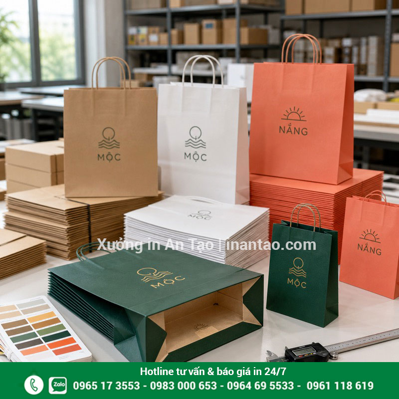 Kiểm soát chất lượng túi giấy trước khi giao Kiểm tra màu in đường gấp đáy và quai túi giấy thành phẩm