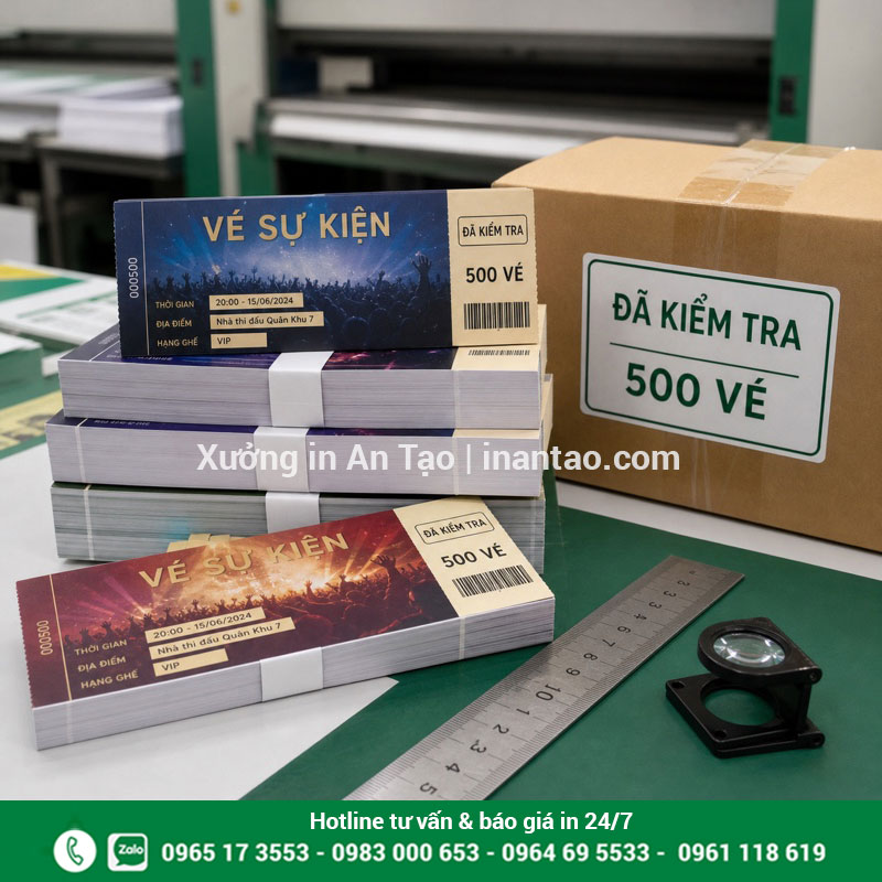 Kiểm tra chất lượng vé sự kiện trước khi giao Kiểm tra và đóng gói thành phẩm sau khi in vé sự kiện