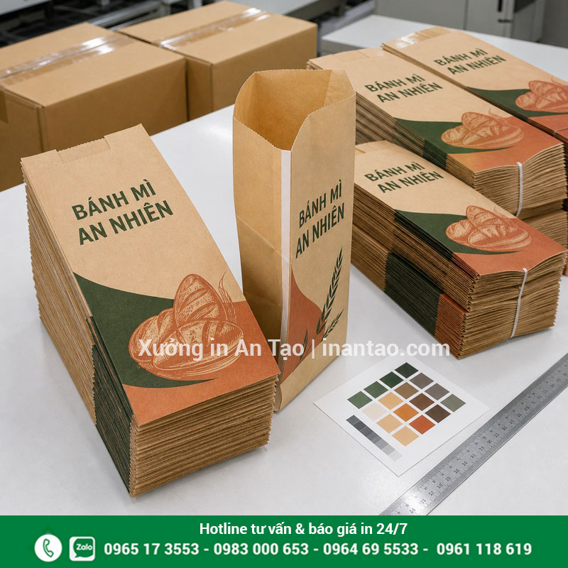 Kiểm tra chất lượng in bao bánh mì trước khi giao Các chồng túi bánh mì thành phẩm được kiểm tra màu